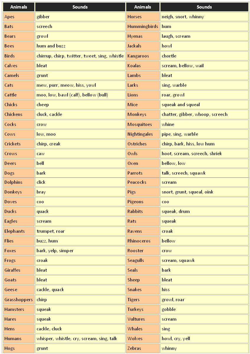 Animals And Their Sounds Chart